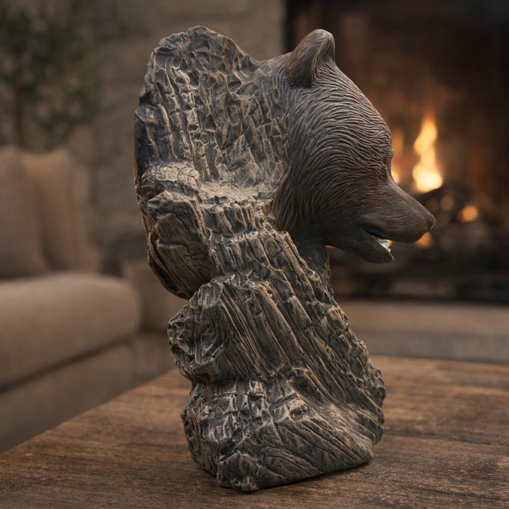 Rustic Bear Figurine Woodland Cabin Decor Faux Wood Carved Bear Head Sculpture